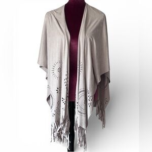 Chico’s Women’s Faux Microsuede Cream Cutout Boho Fringe Western Wrap